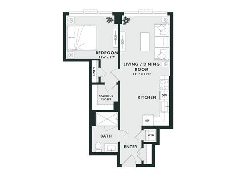 Floor plan for 1 bed, 1 bath, 642 sqft
